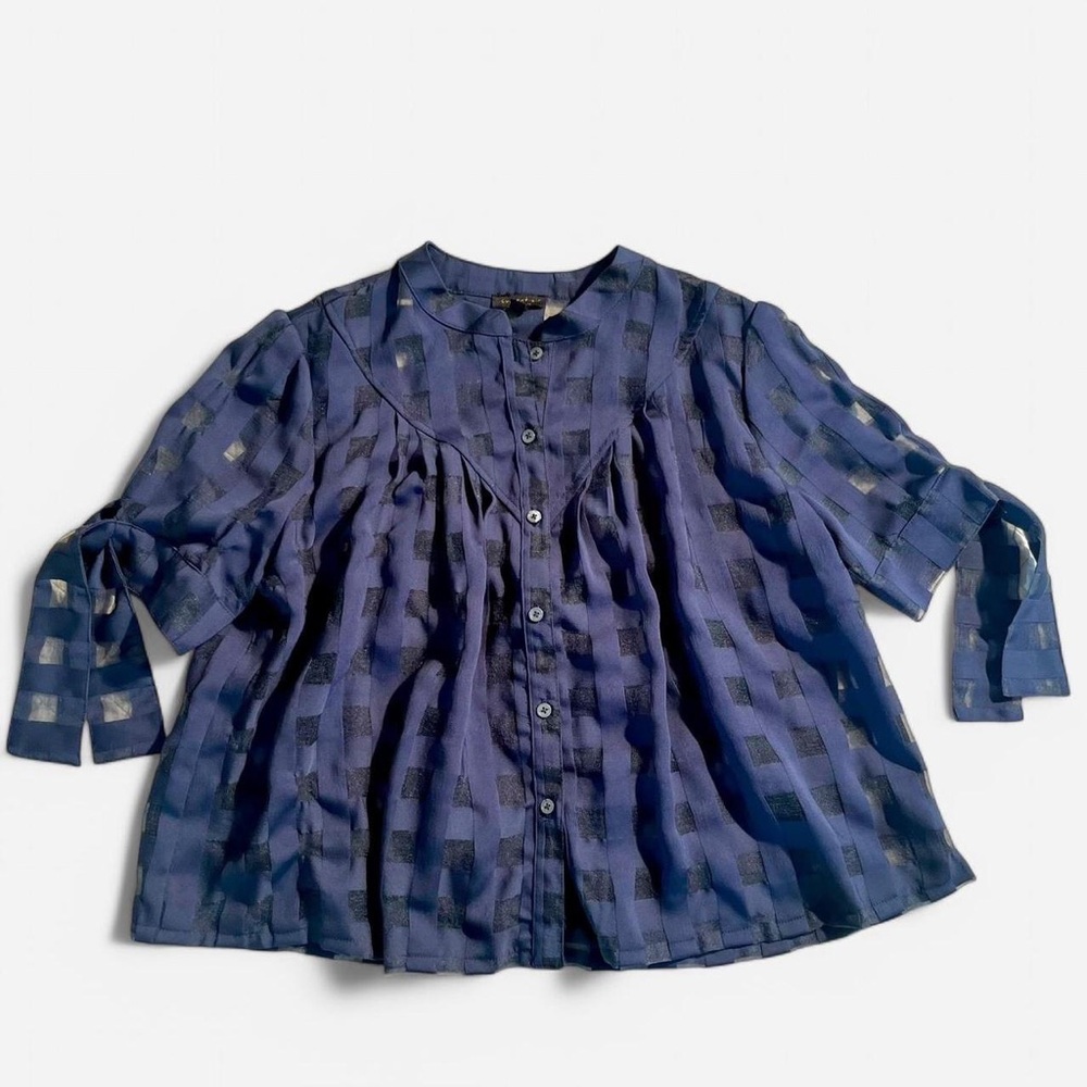 Current Air navy buffalo check top with sheer yoke and cute arm ties - M